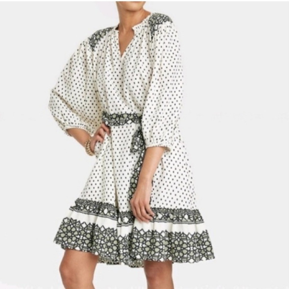 Knox Rose Cream Black Polka Dot Embroidered Boho Midi Dress Medium Boho